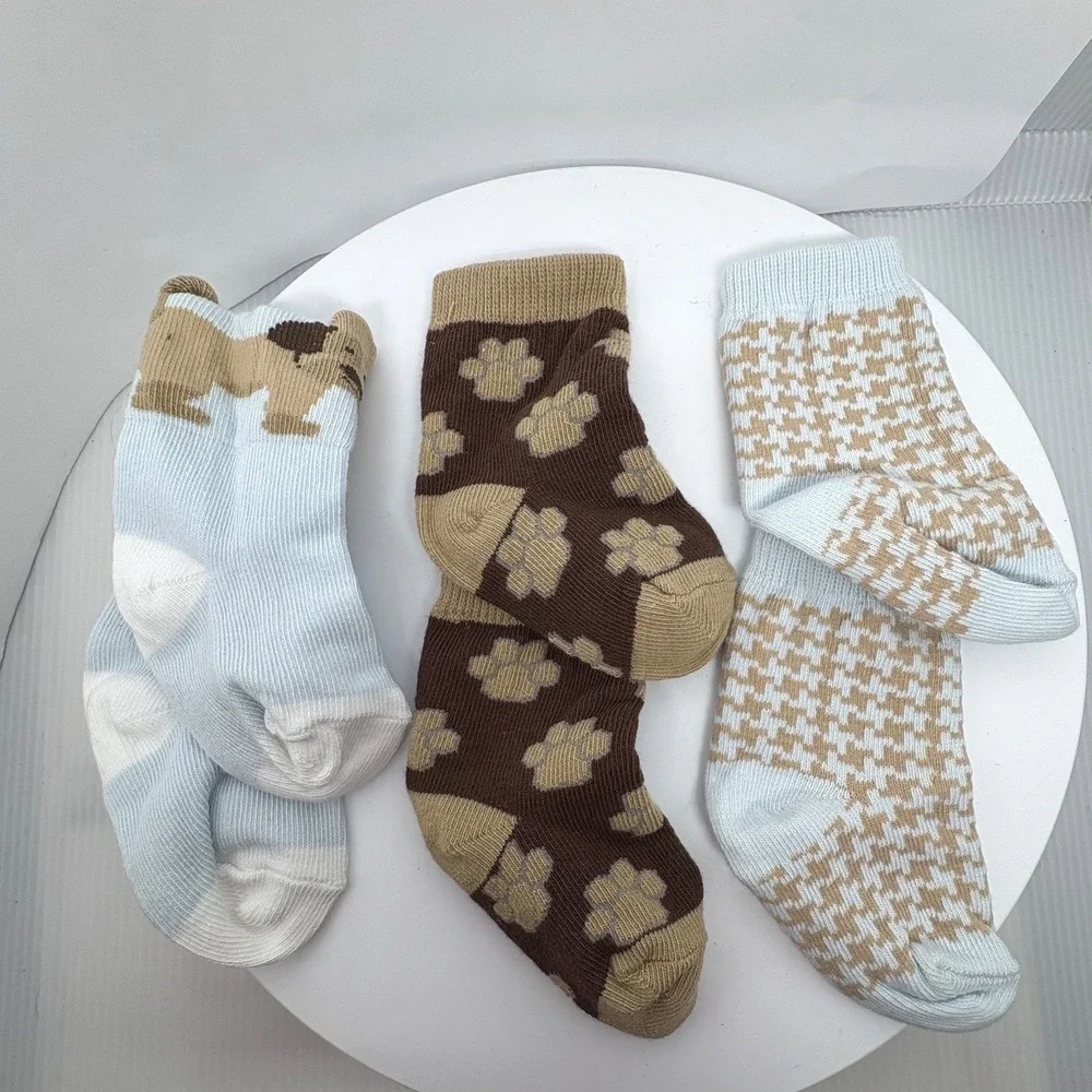 Baby Socks 3 Pack Dog Paw Print Houndstooth Blue Brown 6-12 Months
